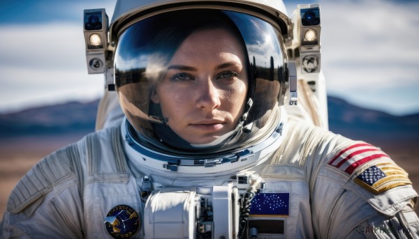 1girl,solo,looking at viewer,black hair,brown eyes,closed mouth,upper body,sky,blurry,lips,depth of field,blurry background,helmet,portrait,reflection,science fiction,realistic,straight-on,american flag,spacesuit,japanese flag,space helmet,astronaut,brown hair,outdoors,day,expressionless,serious,planet,earth (planet),united states,american flag print