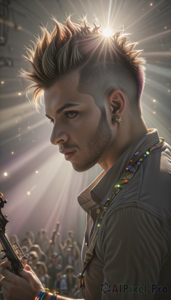 solo,short hair,brown hair,shirt,black hair,1boy,holding,brown eyes,jewelry,closed mouth,jacket,upper body,male focus,earrings,solo focus,dark skin,necklace,blurry,black eyes,bracelet,from side,lips,facial hair,instrument,beard,realistic,nose,music,guitar,very short hair,playing instrument,electric guitar,crowd,mohawk,piercing,ring,ear piercing,undercut