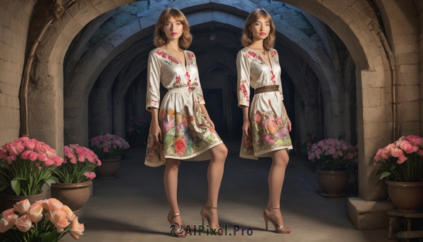 long hair,looking at viewer,short hair,multiple girls,brown hair,long sleeves,dress,2girls,brown eyes,closed mouth,standing,full body,flower,shoes,belt,indoors,medium hair,white dress,high heels,lips,makeup,shadow,floral print,sandals,plant,lipstick,pink flower,toenails,realistic,arms at sides,toenail polish,red lips,vase,arch,siblings,sisters