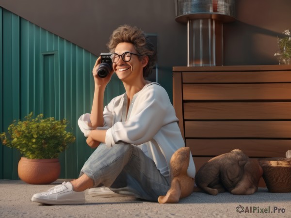 solo,smile,short hair,brown hair,shirt,long sleeves,1boy,holding,sitting,full body,closed eyes,white shirt,male focus,shoes,glasses,pants,indoors,grin,animal,cat,white footwear,plant,denim,sneakers,black-framed eyewear,curly hair,dog,jeans,on floor,camera,basket,potted plant,grey pants,holding camera,open mouth,jacket,open clothes,teeth,realistic,taking picture