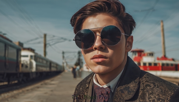 solo,looking at viewer,short hair,brown hair,shirt,1boy,closed mouth,jacket,upper body,male focus,outdoors,necktie,sky,day,collared shirt,blurry,lips,black jacket,depth of field,blurry background,facial hair,formal,sunglasses,suit,red necktie,ground vehicle,building,portrait,motor vehicle,meme,realistic,car,power lines,photo background,aviator sunglasses,black hair,white shirt,blue sky,round eyewear