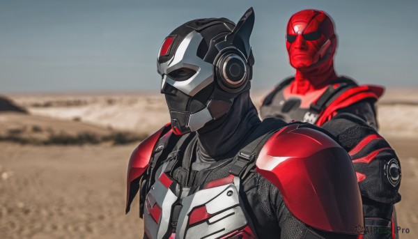 upper body,male focus,outdoors,multiple boys,day,2boys,armor,blurry,bodysuit,mask,blurry background,helmet,crossover,meme,superhero,red bodysuit,power armor,photo background,desert,sky,depth of field,red armor,power suit