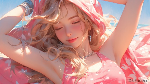 1girl,solo,long hair,breasts,blush,smile,blonde hair,dress,bare shoulders,jewelry,medium breasts,closed mouth,closed eyes,upper body,earrings,outdoors,lying,sky,sleeveless,day,on back,armpits,necklace,arms up,bracelet,blue sky,lips,eyelashes,makeup,sleeveless dress,wavy hair,beach,sunlight,pink dress,facing viewer,red lips,shade,brown hair,polka dot,pink shirt,pink lips