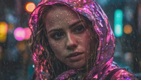 1girl, solo, long hair, looking at viewer, brown hair, parted lips, dark skin, hood, blurry, dark-skinned female, lips, wet, depth of field, blurry background, portrait, hood up, freckles, rain, realistic, nose