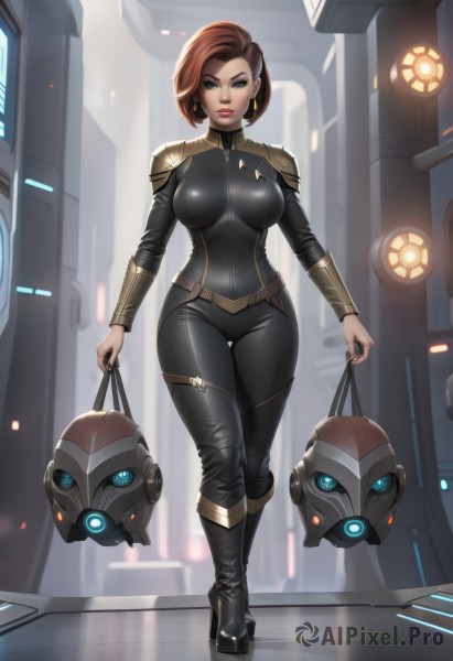 1girl,solo,breasts,looking at viewer,short hair,blue eyes,large breasts,brown hair,holding,jewelry,medium breasts,standing,full body,earrings,boots,belt,pants,indoors,bag,black footwear,armor,high heels,lips,bodysuit,makeup,thigh gap,black pants,knee boots,lipstick,shoulder armor,skin tight,high heel boots,walking,science fiction,pauldrons,black bodysuit,red lips,thighs,nail polish,thick thighs,black nails,wide hips,backlighting,nose,leather,platform footwear,platform heels