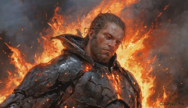 solo,brown hair,1boy,closed mouth,closed eyes,upper body,male focus,armor,facial hair,scar,fire,shoulder armor,beard,scar on face,breastplate,realistic,scar across eye,manly,hair slicked back,embers,burning,looking at viewer,short hair,stubble