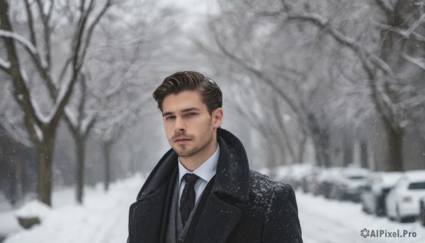 solo,looking at viewer,short hair,brown hair,shirt,black hair,1boy,jacket,white shirt,upper body,male focus,outdoors,necktie,collared shirt,blurry,tree,coat,black jacket,facial hair,formal,suit,ground vehicle,nature,black necktie,motor vehicle,beard,snow,forest,black coat,snowing,realistic,stubble,winter,bare tree,closed mouth,day,black eyes,vest,depth of field,blurry background,expressionless,mustache,winter clothes,grey sky