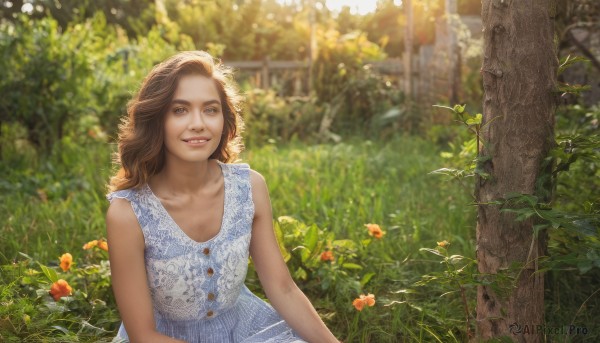 1girl,solo,long hair,looking at viewer,smile,brown hair,hat,dress,brown eyes,sitting,collarbone,upper body,flower,outdoors,parted lips,teeth,sleeveless,day,white dress,blurry,tree,lips,sleeveless dress,depth of field,blurry background,blue dress,sunlight,plant,nature,realistic,straw hat,sundress,bare shoulders,grin