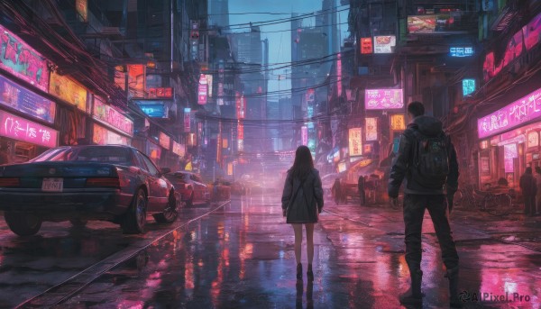 1girl, long hair, short hair, skirt, black hair, 1boy, standing, jacket, outdoors, pants, bag, from behind, dutch angle, night, backpack, ground vehicle, building, scenery, motor vehicle, reflection, rain, city, sign, car, road, power lines, street, puddle, cyberpunk, neon lights