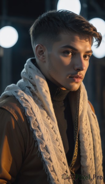 solo,looking at viewer,short hair,brown hair,black hair,1boy,closed mouth,upper body,male focus,scarf,blurry,black eyes,vest,sweater,lips,blurry background,facial hair,realistic,nose,stubble,brown eyes,jacket,turtleneck,beard