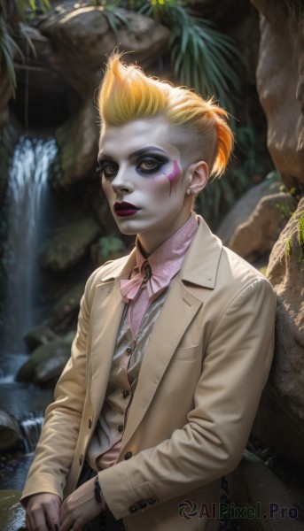 1girl,solo,looking at viewer,short hair,blonde hair,shirt,long sleeves,brown eyes,jewelry,closed mouth,jacket,upper body,multicolored hair,earrings,outdoors,open clothes,collared shirt,artist name,water,blurry,tree,lips,coat,makeup,buttons,colored skin,facial mark,piercing,formal,own hands together,suit,lipstick,nature,eyeshadow,watch,brown jacket,realistic,nose,stud earrings,eyeliner,facepaint,brown coat,waterfall,bow,necklace,nail polish,orange hair,vest,bracelet,ring,black nails