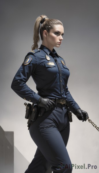 1girl,solo,long hair,breasts,blonde hair,brown hair,shirt,gloves,long sleeves,holding,brown eyes,medium breasts,closed mouth,standing,ponytail,weapon,necktie,black gloves,collared shirt,belt,pants,holding weapon,uniform,lips,gun,chain,black pants,blue shirt,holding gun,handgun,walking,cuffs,black belt,holster,police,police uniform,policewoman,walkie-talkie,blue eyes,jewelry,earrings,hand on hip,pouch,realistic,handcuffs,badge,utility belt