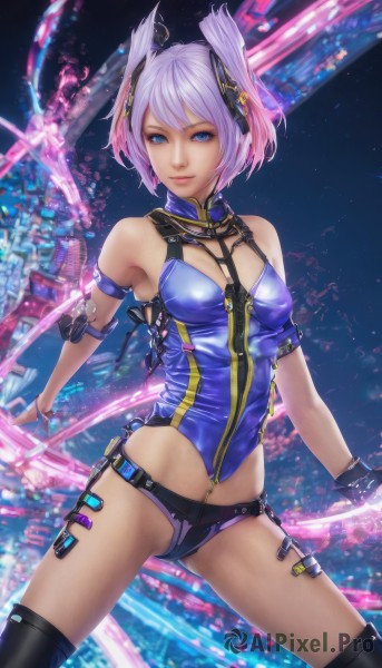 1girl,solo,breasts,looking at viewer,smile,short hair,blue eyes,hair ornament,thighhighs,gloves,bare shoulders,twintails,medium breasts,pink hair,purple hair,multicolored hair,small breasts,black gloves,black thighhighs,fingerless gloves,lips,zipper,science fiction,navel,standing,headgear,light purple hair