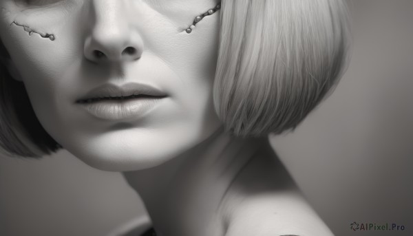 1girl,solo,short hair,simple background,closed mouth,monochrome,closed eyes,greyscale,parted lips,grey background,lips,bob cut,portrait,close-up,realistic,nose,1boy,jewelry,male focus,tattoo