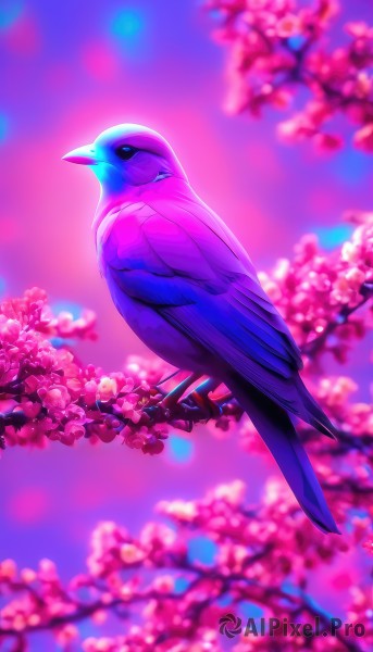 solo,closed mouth,full body,flower,outdoors,blurry,black eyes,from side,tree,pokemon (creature),no humans,depth of field,blurry background,bird,animal,cherry blossoms,pink flower,flying,branch,animal focus,sky,day,artist name,blue sky,watermark,gradient sky,beak,pink sky