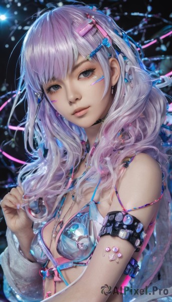 1girl,solo,long hair,breasts,looking at viewer,bangs,hair ornament,jewelry,closed mouth,underwear,swimsuit,upper body,pink hair,purple hair,bikini,multicolored hair,small breasts,hairclip,shiny,necklace,nail polish,bra,lips,grey eyes,makeup,piercing,pink nails,realistic,cable,earphones,blue eyes,cleavage,bare shoulders,medium breasts,earrings,choker,fingernails,eyelashes,watermark,facial mark,bikini top only,web address,armlet,long fingernails,nose