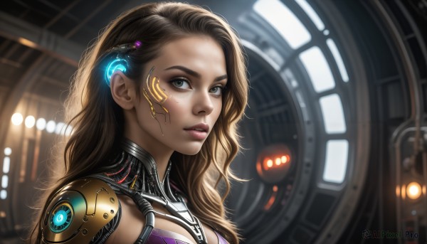 A stunning cyborg within a lush dynamic scene