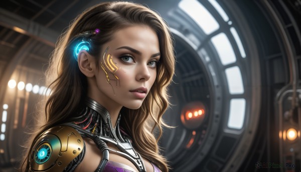 HQ,1girl,solo,long hair,breasts,looking at viewer,brown hair,hair ornament,cleavage,brown eyes,medium breasts,upper body,dark skin,dark-skinned female,lips,makeup,wavy hair,portrait,freckles,science fiction,realistic,nose,android,cyborg,cyberpunk,parted lips,from side,eyelashes,close-up,forehead,eyeshadow,backlighting,eyeliner,mascara