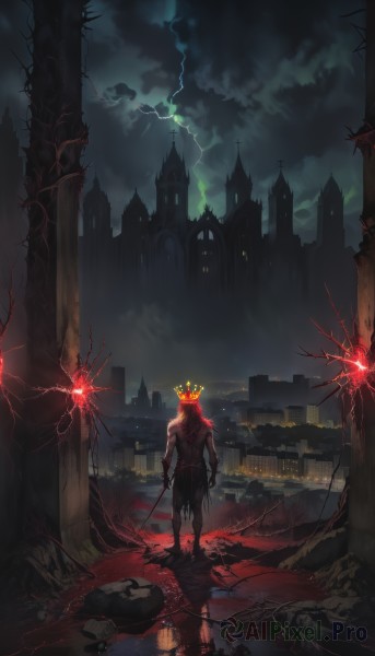 solo,1boy,holding,standing,weapon,male focus,outdoors,sky,sword,cloud,from behind,holding weapon,blood,night,glowing,holding sword,cloudy sky,crown,building,scenery,reflection,topless male,city,electricity,facing away,ruins,castle,lightning,pants,water