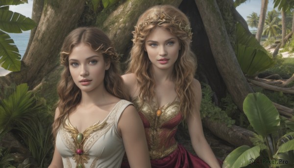 long hair,breasts,looking at viewer,blue eyes,multiple girls,blonde hair,brown hair,hair ornament,dress,2girls,cleavage,bare shoulders,jewelry,medium breasts,upper body,braid,outdoors,parted lips,sleeveless,day,tree,lips,siblings,leaf,wavy hair,red dress,tiara,plant,sisters,gem,dual persona,twins,realistic,palm tree,smile,collarbone,hairclip,necklace,white dress,sleeveless dress,sunlight,nature,curly hair