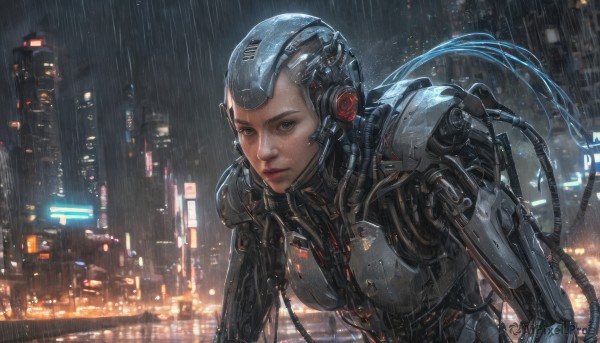 1girl,solo,long hair,breasts,looking at viewer,upper body,outdoors,armor,blurry,lips,wet,grey eyes,night,helmet,building,freckles,science fiction,rain,city,realistic,cityscape,cable,cyborg,power armor,city lights,cyberpunk,medium breasts,bodysuit,headgear,robot,android,robot joints,searchlight