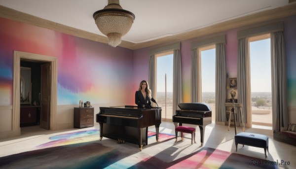 1girl,solo,long hair,brown hair,long sleeves,dress,sitting,sky,day,indoors,window,shadow,chair,formal,table,sunlight,curtains,instrument,scenery,reflection,wooden floor,door,wide shot,painting (object),piano,carpet,grand piano,black hair,1boy,suit,music,lamp