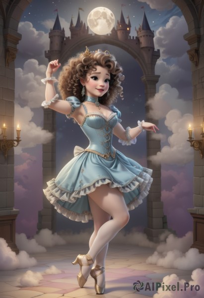 1girl,solo,long hair,breasts,looking at viewer,smile,brown hair,dress,cleavage,brown eyes,jewelry,medium breasts,closed mouth,standing,collarbone,full body,short sleeves,earrings,small breasts,outdoors,frills,detached sleeves,sky,choker,puffy sleeves,artist name,cloud,signature,armpits,necklace,nail polish,black eyes,arm up,high heels,puffy short sleeves,lips,wrist cuffs,makeup,night,blue dress,watermark,short dress,moon,leg up,standing on one leg,frilled dress,cloudy sky,tiara,crown,lipstick,frilled sleeves,star (sky),night sky,web address,full moon,curly hair,tiles,candle,pillar,castle,tower,moonlight,princess,puffy detached sleeves,hair ornament,bow,bracelet,white pantyhose,dancing