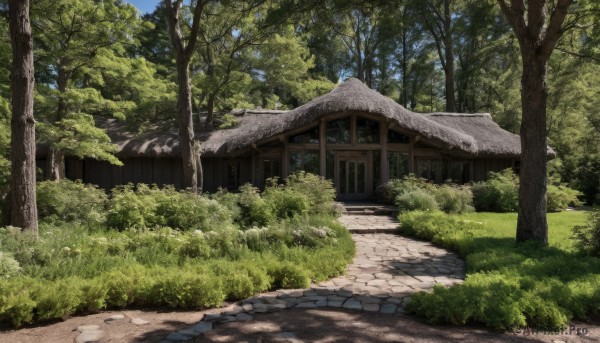 outdoors,sky,day,tree,blue sky,no humans,grass,plant,building,nature,scenery,forest,road,bush,architecture,house,east asian architecture,path,cloud,shadow