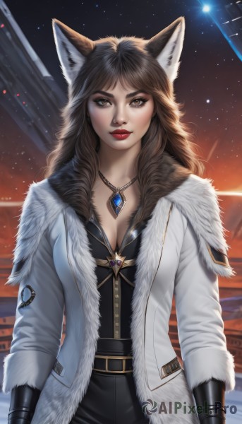 1girl,solo,long hair,breasts,looking at viewer,bangs,brown hair,gloves,long sleeves,animal ears,cleavage,brown eyes,jewelry,medium breasts,closed mouth,jacket,cowboy shot,outdoors,open clothes,sky,black gloves,belt,pants,artist name,necklace,mole,lips,coat,fur trim,fox ears,makeup,night,black pants,lipstick,gem,star (sky),night sky,buckle,pendant,starry sky,open coat,white coat,winter clothes,red lips,fur-trimmed coat,weapon,wolf ears,rifle,backlighting,realistic