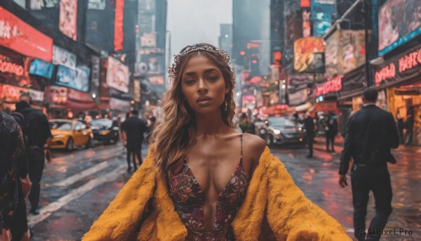 1girl,long hair,breasts,looking at viewer,blonde hair,brown hair,dress,cleavage,brown eyes,medium breasts,jacket,outdoors,parted lips,multiple boys,solo focus,dark skin,blurry,lips,formal,suit,ground vehicle,building,breasts apart,motor vehicle,6+boys,city,realistic,center opening,car,road,street,crowd,real world location,jewelry,collarbone,earrings,dark-skinned female,coat,makeup,blurry background,photo background,fur coat,plunging neckline,people