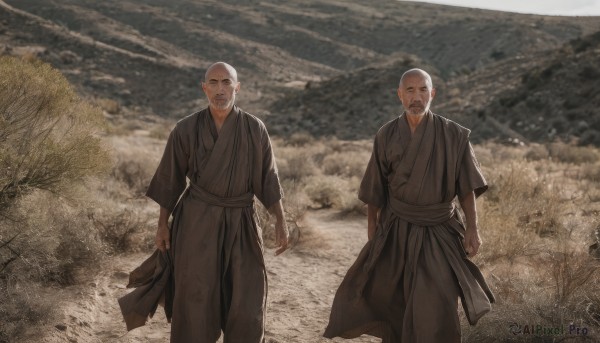 looking at viewer,open mouth,standing,white hair,grey hair,male focus,outdoors,japanese clothes,multiple boys,sky,signature,2boys,kimono,feet out of frame,facial hair,scar,beard,scar on face,mountain,mustache,scar across eye,arms at sides,bald,old,old man,father and son,cloud,tree,aged down,field