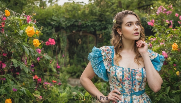 1girl,solo,long hair,brown hair,hair ornament,dress,brown eyes,jewelry,upper body,flower,short sleeves,earrings,outdoors,frills,day,hand up,hair flower,blurry,tree,lips,hand on hip,looking to the side,depth of field,blurry background,blue dress,looking away,floral print,plant,nature,pink flower,realistic,yellow flower,nose,hand on own chin,looking afar,garden,parted lips