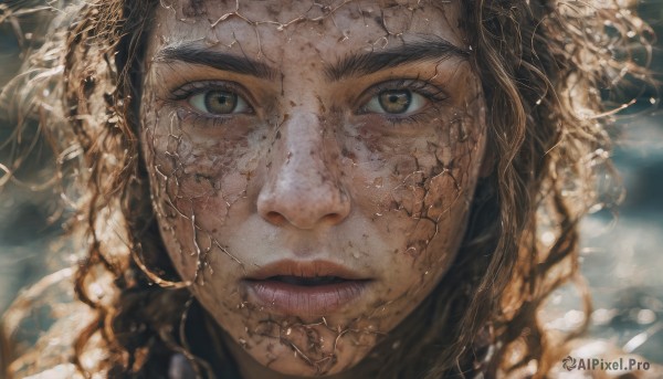 1girl,solo,looking at viewer,brown hair,black hair,brown eyes,closed mouth,parted lips,blurry,lips,eyelashes,thick eyebrows,portrait,close-up,reflection,realistic,nose,long hair,jewelry,green eyes,earrings,piercing,freckles,stitches