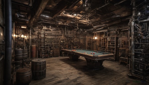 indoors,no humans,window,table,scenery,lantern,wooden floor,stairs,light,lamp,ladder,barrel,industrial pipe,crate,science fiction,cable,wooden wall,drum (container)