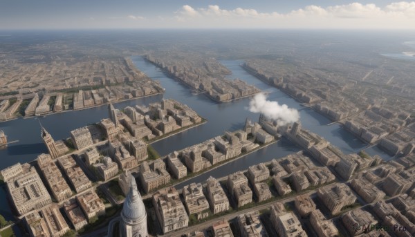 outdoors,sky,day,cloud,water,blue sky,no humans,ocean,from above,building,scenery,city,horizon,cityscape,river,tower,landscape,bird,smoke,aircraft,watercraft,ship