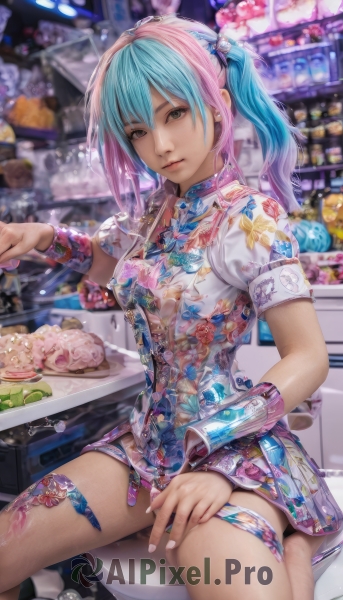 1girl,solo,long hair,breasts,looking at viewer,bangs,skirt,hair ornament,dress,twintails,brown eyes,jewelry,sitting,blue hair,pink hair,short sleeves,multicolored hair,earrings,food,puffy sleeves,indoors,nail polish,blurry,two-tone hair,puffy short sleeves,lips,fingernails,aqua hair,tattoo,gradient hair,thigh strap,depth of field,blurry background,short dress,piercing,floral print,realistic,stool,leg tattoo,toilet,medium breasts,watermark,chinese clothes,china dress