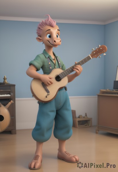 solo,smile,blue eyes,shirt,1boy,holding,animal ears,jewelry,standing,full body,pink hair,short sleeves,male focus,collared shirt,pants,indoors,necklace,instrument,furry,green shirt,music,guitar,furry male,playing instrument,holding instrument,electric guitar,snout,mohawk,brown hair,multicolored hair,barefoot,artist name,two-tone hair,denim,jeans,acoustic guitar