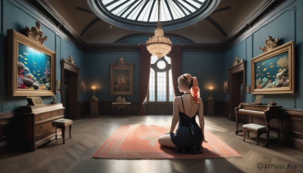 1girl,solo,long hair,bangs,brown hair,dress,bare shoulders,sitting,closed mouth,ponytail,flower,barefoot,sleeveless,indoors,from behind,black dress,cup,bare arms,window,sleeveless dress,chair,table,sunlight,scenery,seiza,drinking glass,reflection,wooden floor,backless outfit,on floor,clock,spaghetti strap,lamp,wine glass,backless dress,wide shot,stool,picture frame,painting (object),piano,carpet,picture (object),rug,chandelier,cocktail dress,fireplace,bow,ribbon,jewelry,hair ribbon,hair bow,red hair,earrings,looking back,blue dress,back,facing away,bare back,candle,reflective floor