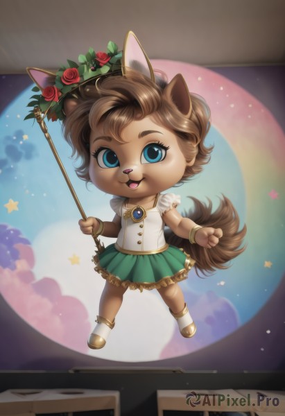 1girl,solo,looking at viewer,smile,short hair,open mouth,blue eyes,skirt,brown hair,shirt,holding,animal ears,jewelry,tail,full body,white shirt,flower,:d,frills,sky,cloud,chibi,star (symbol),bracelet,rose,moon,frilled skirt,crown,staff,brooch,red flower,green skirt,star (sky),furry,red rose,furry female,wand,planet,standing,short sleeves,pleated skirt,shoes,teeth,socks,artist name,miniskirt,flat chest,puffy short sleeves,eyelashes,buttons,fox tail,happy,white footwear,plant,frilled sleeves,blouse,frilled shirt,vines