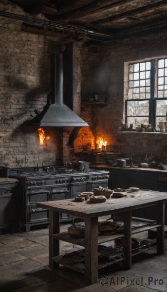 day,indoors,cup,no humans,window,chair,table,fire,steam,scenery,plate,smoke,bowl,wooden floor,wall,brick wall,cooking,kitchen,frying pan,burning,cabinet,kettle,wooden table,stove,fireplace,brick,fantasy,candle,stone wall