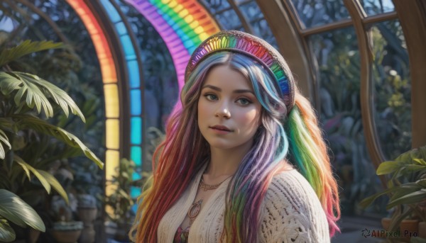 1girl,solo,long hair,looking at viewer,smile,blue eyes,jewelry,closed mouth,blue hair,upper body,red hair,multicolored hair,hairband,indoors,necklace,blurry,lips,window,gradient hair,feathers,plant,realistic,nose,headdress,potted plant,rainbow hair,breasts,brown hair,hat,cleavage,collarbone,green hair,makeup,depth of field,blurry background,leaf,sunlight,stained glass