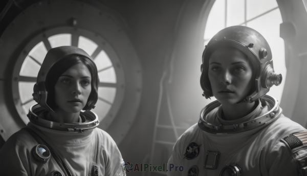 1girl,2girls,closed mouth,monochrome,upper body,greyscale,indoors,signature,lips,window,helmet,reflection,spot color,science fiction,realistic,spacesuit,astronaut,looking at viewer,short hair,multiple girls,expressionless,serious,badge,planet,american flag,spacecraft,symmetry,space helmet