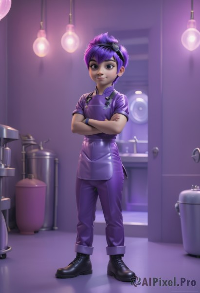 1girl,solo,looking at viewer,smile,short hair,jewelry,standing,full body,purple hair,short sleeves,hairband,boots,pants,artist name,indoors,signature,black footwear,black eyes,apron,bracelet,lips,crossed arms,goggles,goggles on head,ankle boots,kitchen,sink,light bulb,chef,1boy,male focus,dark skin,aged down,child