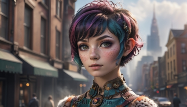 1girl,solo,looking at viewer,short hair,bangs,hair ornament,brown eyes,jewelry,closed mouth,green eyes,upper body,purple hair,multicolored hair,outdoors,sky,solo focus,day,artist name,cloud,blurry,two-tone hair,lips,eyelashes,makeup,depth of field,blurry background,cloudy sky,brooch,building,gem,portrait,freckles,city,realistic,nose,black hair,blue hair,green hair,streaked hair,fur trim,sunlight,lens flare