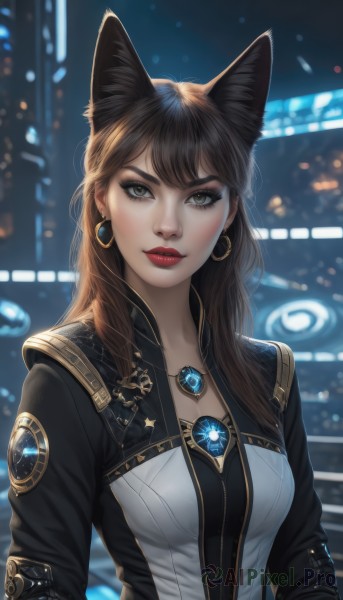 1girl,solo,long hair,breasts,looking at viewer,bangs,brown hair,long sleeves,animal ears,cleavage,brown eyes,jewelry,medium breasts,closed mouth,jacket,upper body,earrings,artist name,cat ears,necklace,blurry,lips,black jacket,grey eyes,fox ears,makeup,depth of field,blurry background,lipstick,gem,pendant,eyeshadow,hoop earrings,realistic,red lips,black hair,signature,eyelashes,wolf ears,backlighting,nose,mascara