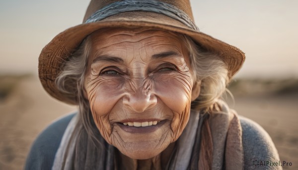 1girl,solo,looking at viewer,smile,open mouth,1boy,hat,white hair,grey hair,male focus,outdoors,teeth,scarf,grin,blurry,depth of field,blurry background,portrait,realistic,brown headwear,old,old man,old woman,wrinkled skin,grey eyes,half-closed eyes