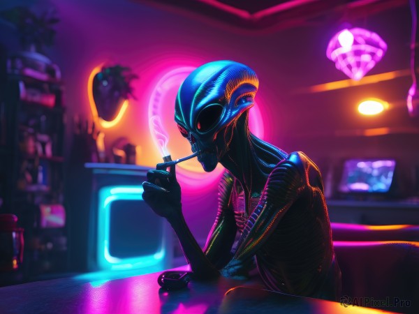 1girl,solo,red eyes,1boy,holding,sitting,upper body,male focus,horns,indoors,blurry,glowing,colored skin,eating,science fiction,spoon,monitor,cyborg,alien,cyberpunk,humanoid robot,neon lights,from side,bodysuit,blurry background,helmet,cigarette,smoking,bar (place),restaurant