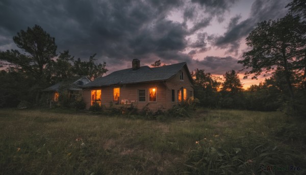 flower,outdoors,sky,cloud,tree,no humans,window,cloudy sky,grass,fire,plant,building,nature,scenery,forest,sunset,door,bush,house,twilight,evening,chimney,field,path