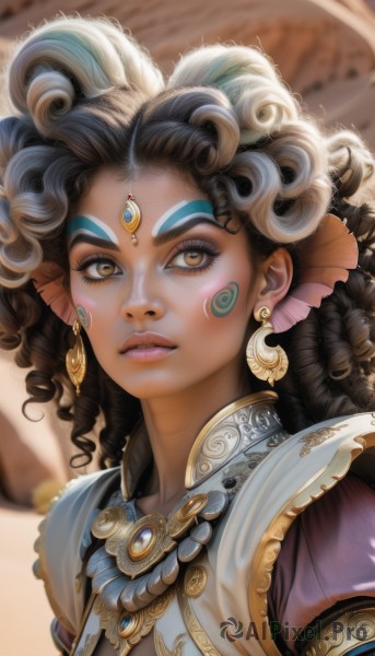 1girl,solo,long hair,looking at viewer,brown hair,black hair,hair ornament,brown eyes,jewelry,closed mouth,upper body,multicolored hair,earrings,puffy sleeves,artist name,dark skin,necklace,blurry,dark-skinned female,lips,eyelashes,makeup,depth of field,blurry background,facial mark,thick eyebrows,lipstick,gem,portrait,eyeshadow,curly hair,nose,facepaint,forehead jewel,yellow eyes,parted lips,teeth,watermark,realistic,mascara