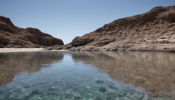 outdoors,sky,day,water,blue sky,no humans,beach,scenery,reflection,rock,sand,river,shore,reflective water,ocean,mountain,realistic,landscape,desert